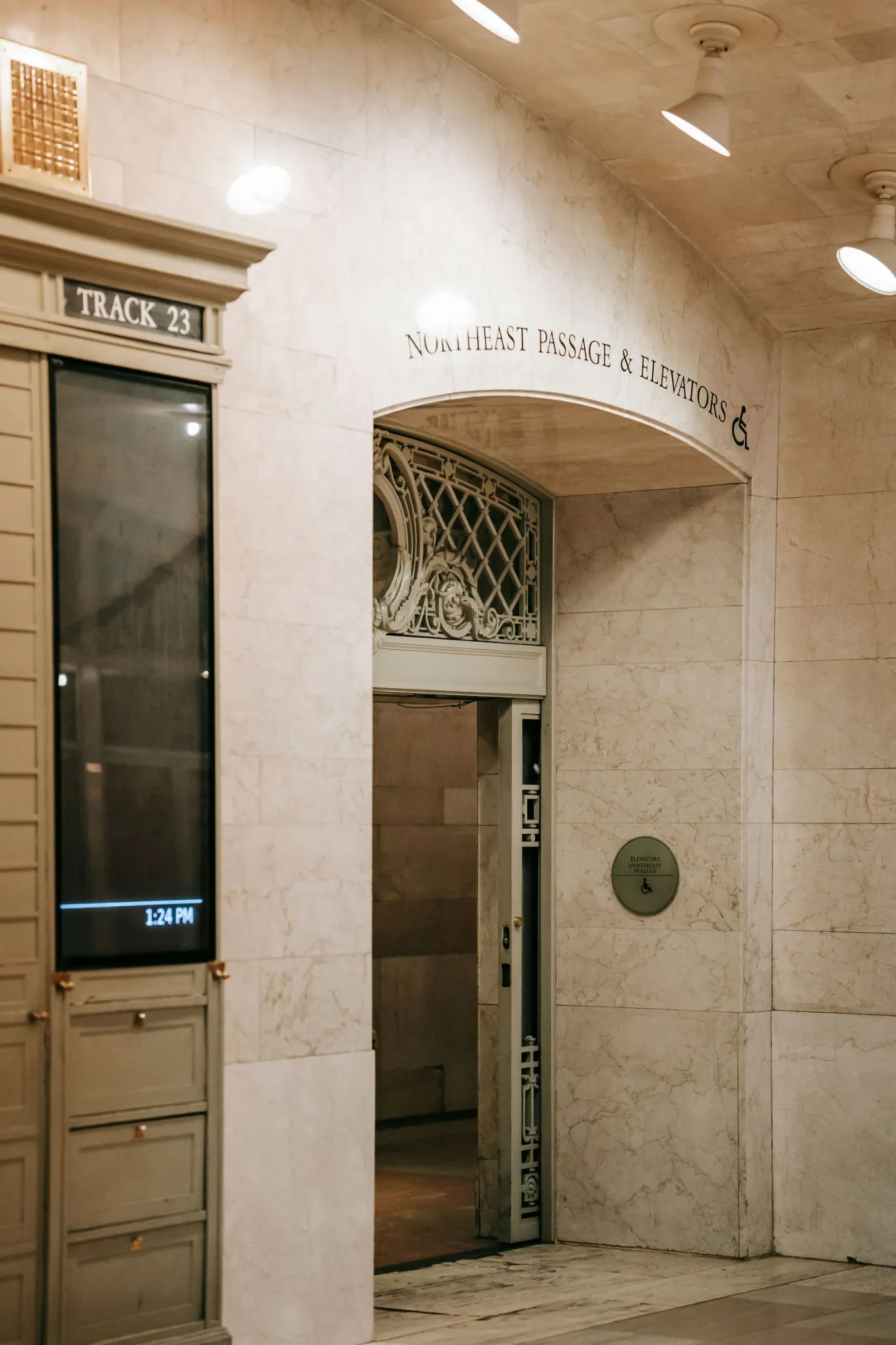 A historic transit hall passage and elevators